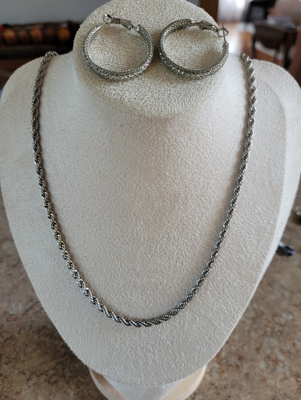 Silver Tone Rope Chain Necklace and Hoop Earrings Set
